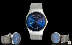 Bering Mens Brushed Silver Milanese Mesh Strap Watch With blue dial,