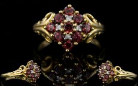 Ladies 9ct Yellow Gold Garnet and Diamond Cluster Ring, with Scroll Design Open Shoulders.