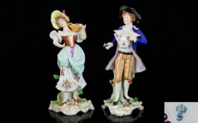 Sitzendorf Early 20th Century Pair of Hand Painted Porcelain Figurines ' Male and Female Figures '