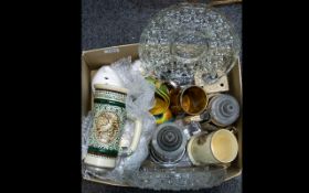 A Box Of Assorted Pottery Including Avon And Staffordshire Tankards, Decorative Egg And Owl Figures.