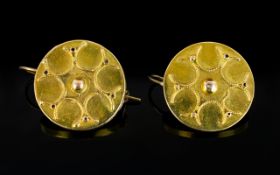 Antique Pair of 15ct Round Earrings with Raised Decorated to Fronts. Not Marked but Tests Gold. 3.