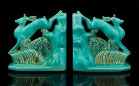 Art Deco Period French - Figural Book Ends. In Turquoise Colour way with Painted Gold Highlights. c.
