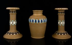 Doulton Lambeth Garniture Set in Art Nouveau Style comprising 2 Candle Holders and Central Vase.