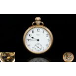 American Watch Co Waltham - Keyless 9ct Gold Open Faced Pocket Watch. Features White Porcelain Dial,