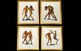 Set Of Four Framed Erotica Watercolours Titled 'Bridge' 'Embrace' 'Naked Tango' 'Orpheus + Eurydice'