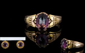 Antique Period 18ct Gold Single Stone Amethyst Set Dress Ring And Amethyst Earrings. Ring Size - M.