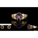 Antique Period 18ct Gold Single Stone Amethyst Set Dress Ring And Amethyst Earrings. Ring Size - M.