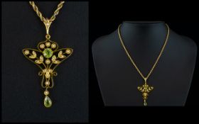 Victorian Period - Nice Quality 9ct Gold Ornate / Fancy Pendant, Set with Peridot's and Seed Pearls.