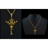 Victorian Period - Nice Quality 9ct Gold Ornate / Fancy Pendant, Set with Peridot's and Seed Pearls.