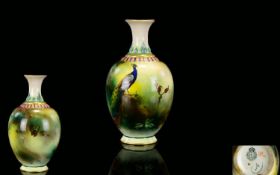 Hadleys Worcester Small Hand Painted Globular Shaped Vase ' Pheasants ' In a Woodland Setting.