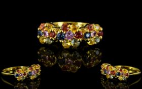 Multi Colours of Sapphire Triple Cluster Ring, three clusters of orange, yellow, green,