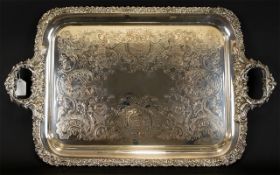 A Large Twin Handled Silver Plate On Copper Tray of rectangular form with cast molded edge,