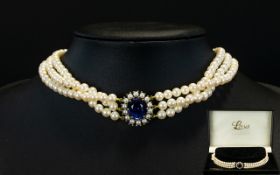 Lotus Royale - 3 Strand Pearl Choker / Necklace, Set with Gilt Silver Paste and Pearl Set Clasp.