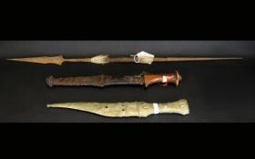 African Dagger And Scabbard With wooden handle and double edged blade, length 13 inches.