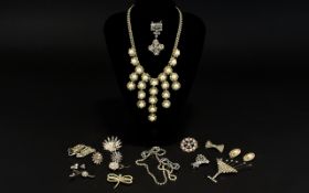 A Vintage Paste Set And Faux Pearl Necklace Along With A Good Collection Of Paste Set Brooches And
