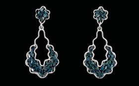 Blue Diamond Drop Earrings, .5ct, each earring comprising a scalloped crescent set with baguette cut