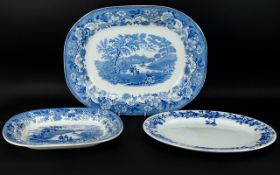 A Collection Of Three Blue And White Chargers Large late 19th/early 20th century serving plates in