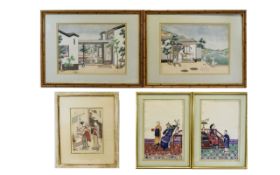 A Collection Of Oriental Pith Paintings Five items in total each framed under glass,