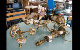 A Collection Of Italian Ceramic Light Fittings Finished in gilt brass with ornate ceramic floral