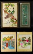 A Collection Of Four Oriental Silk Embroidered Pictures The first depicting a pair of Peacocks on