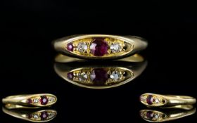 Antique Period 18ct Gold Diamond and Ruby 3 Stone Dress Ring. Marked 18ct. Ring Size - L.