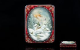 A Modern Russian Lacquered Hinged Box Depicting a winter scene to front,