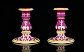 English Late 19th Century Pair of Minton Style Hand Painted Porcelain Squat Candlesticks, Magenta,