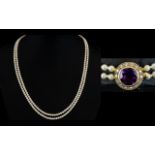 Ladies - Very Nice Quality Double Strand Pearl Necklace with Superb Amethyst and Diamond Clasp.