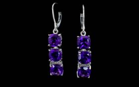 Amethyst Triple Drop Earrings, three cushion cut deep purple amethysts, individually articulated,