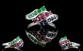 Ladies - Contemporary Design Silver Dress Ring, Set with Rubies, Emeralds and Sapphires.