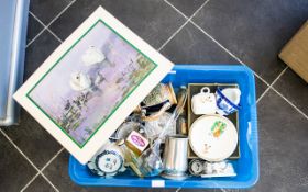 Box of Misc Collectables, Includes Glassware, Metalware, Jugs, Miniature Tea set, Print Picture of a