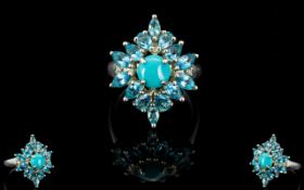 Ladies - Excellent Quality Silver Blue Topaz Set Cluster Ring. Starburst Design, The Central