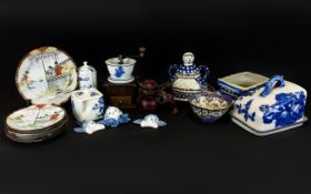 Mixed Lot Of Pottery. To Include Coffee Grinder, Odd Plates, Delft Cherub Heads, Resin Foo Dog Etc.