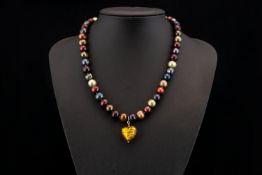 Contemporary Design Multi - Coloured Faux Pearl Necklace with Heart Shaped Drop. Silver Clasp -