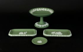 Four Green Jasper Ware Assorted Pieces including cake stand, two oblong dishes and small pin dish.