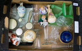 Box Of Miscellaneous Pottery. Comprising Of Frosted Glass Dressig Table Set, Staffordshire Dog Etc