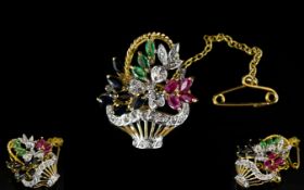 Stunning 18ct Gold Brooch In The Form of a Flower Basket, The Flowers Set with Diamonds, Earrings,