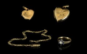 A Small Collection of Ladies 9ct Gold Jewellery ( 4 ) Items - Two Heart Shaped 9ct Gold Lockets,