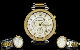 Michael Kors Parker Glitz - Silver Dial Two Tone Silver and Gold Unisex Chronograph Wrist Watch,