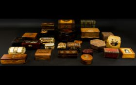 A Large Collection Of Trinket And Decorative Boxes To include, bone, limewood, inlaid,