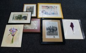 A Collection Of Prints And Etchings To include 19th century military etching, Russell Flint print,
