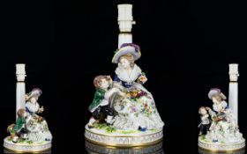 A Good Quality Continental - Early 20th Century Hand Painted Porcelain Candle Holder Figure Group -