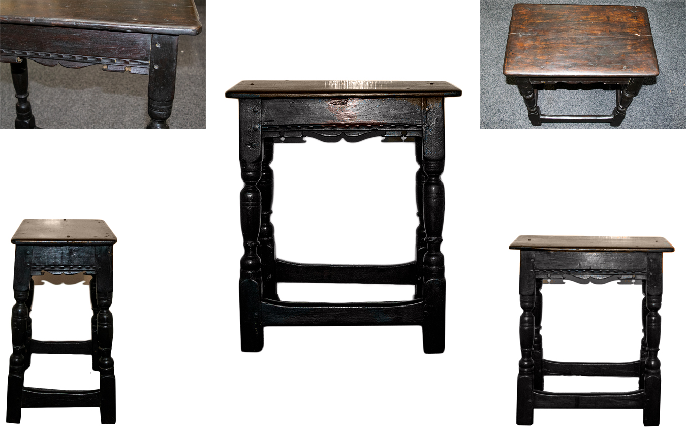 17th Century Charles 1st Oak Joint Stool of Good Proportions with Peg - Joined Construction Twin