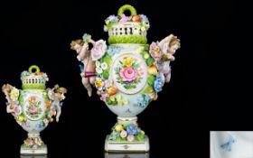 Sitzendorf - Late 19th Century Superb Quality Hand Painted Cupid Figure Two Handle Porcelain Pot