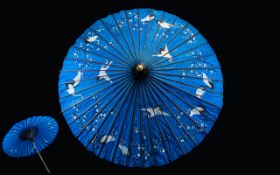 A Vintage Oriental Silk And Bamboo Parasol Circa 1930's Comprising Cobalt Blue Canopy. Intricately