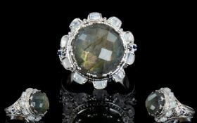 Labradorite and Rainbow Moonstone Statement Ring, with sapphire accents; an 11ct chequerboard