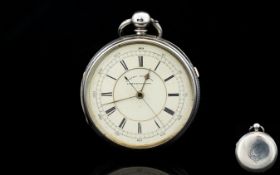 Victorian Period - Large and Heavy Silver Open Faced Chronograph Pocket Watch, Gold Push Bottom.