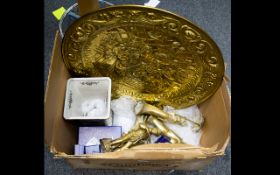 A Box Of Assorted Brass Ware And Pottery.