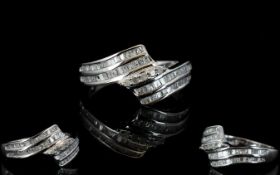 Diamond Baguette Crossover Ring, two double rows of baguette cut diamonds,