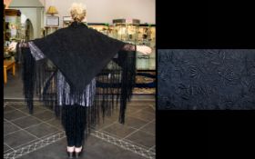 Antique Chinese Canton Black Silk Embroidered Piano Shawl Features an overall repeat fancy floral